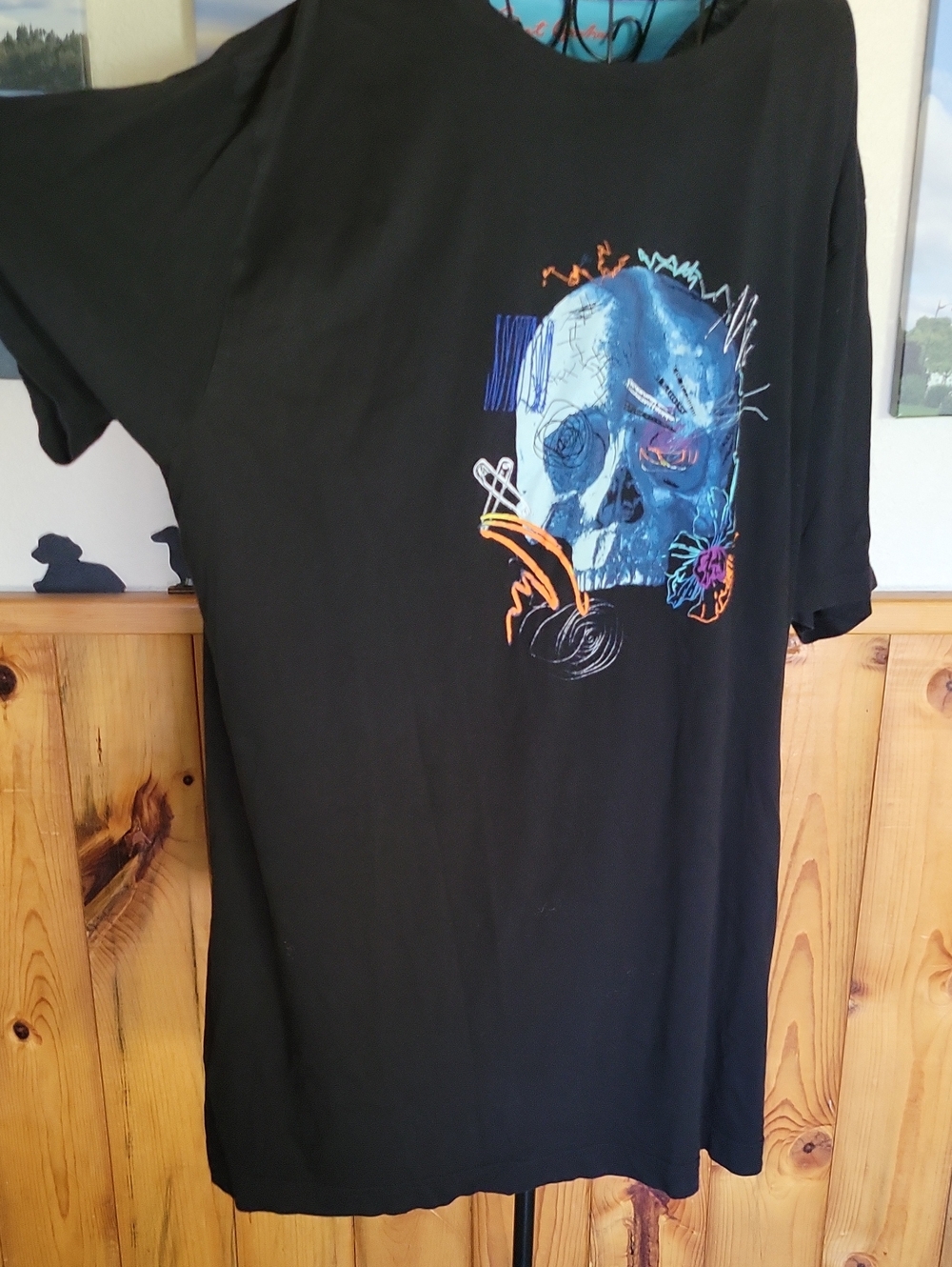 Robert Graham Black Short Sleeve Tee with Blue Skull and Neon Accents